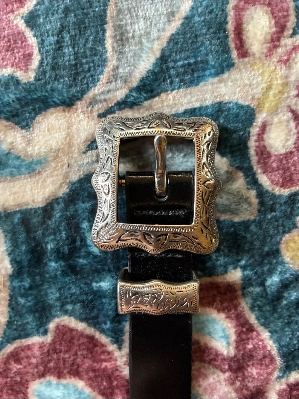 Omega Vintage Black Leather Belt with Silver Western Buckle and Tip L